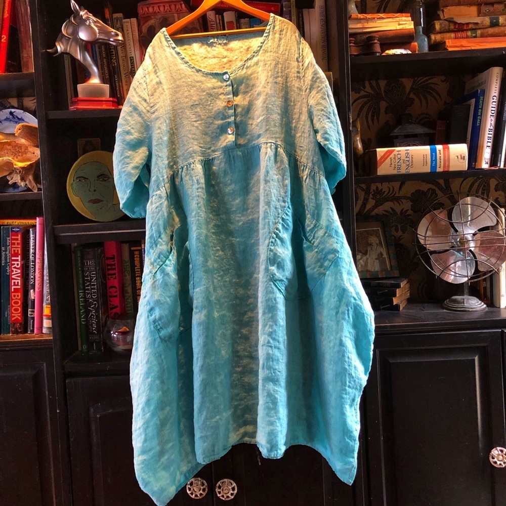 Aqua 100% linen asymmetrical tunic dress italy